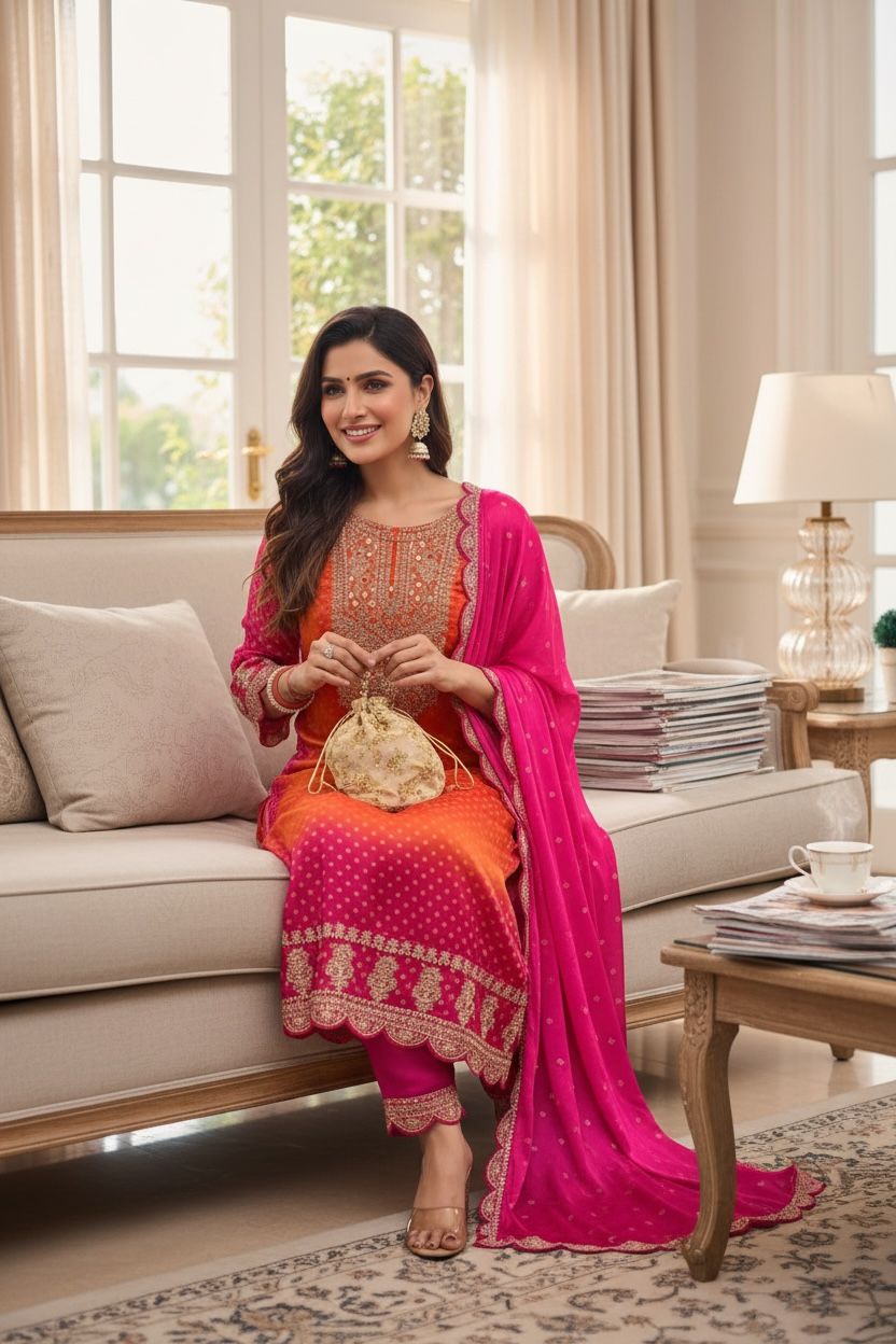 Sunset Rani Mirrorwork Suit Set