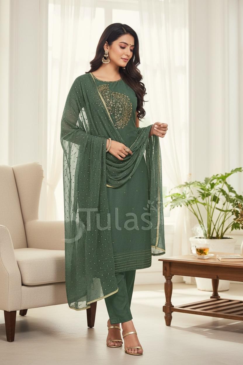 Embroidered Vichitra Silk Kurti Set with Dupatta – Timeless Festive Grace