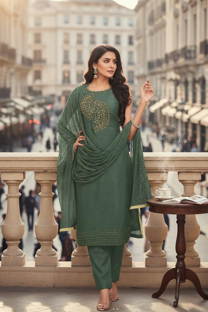 Embroidered Vichitra Silk Kurti Set with Dupatta – Timeless Festive Grace