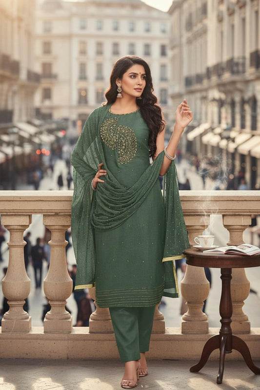 Embroidered Vichitra Silk Kurti Set with Dupatta – Timeless Festive Grace