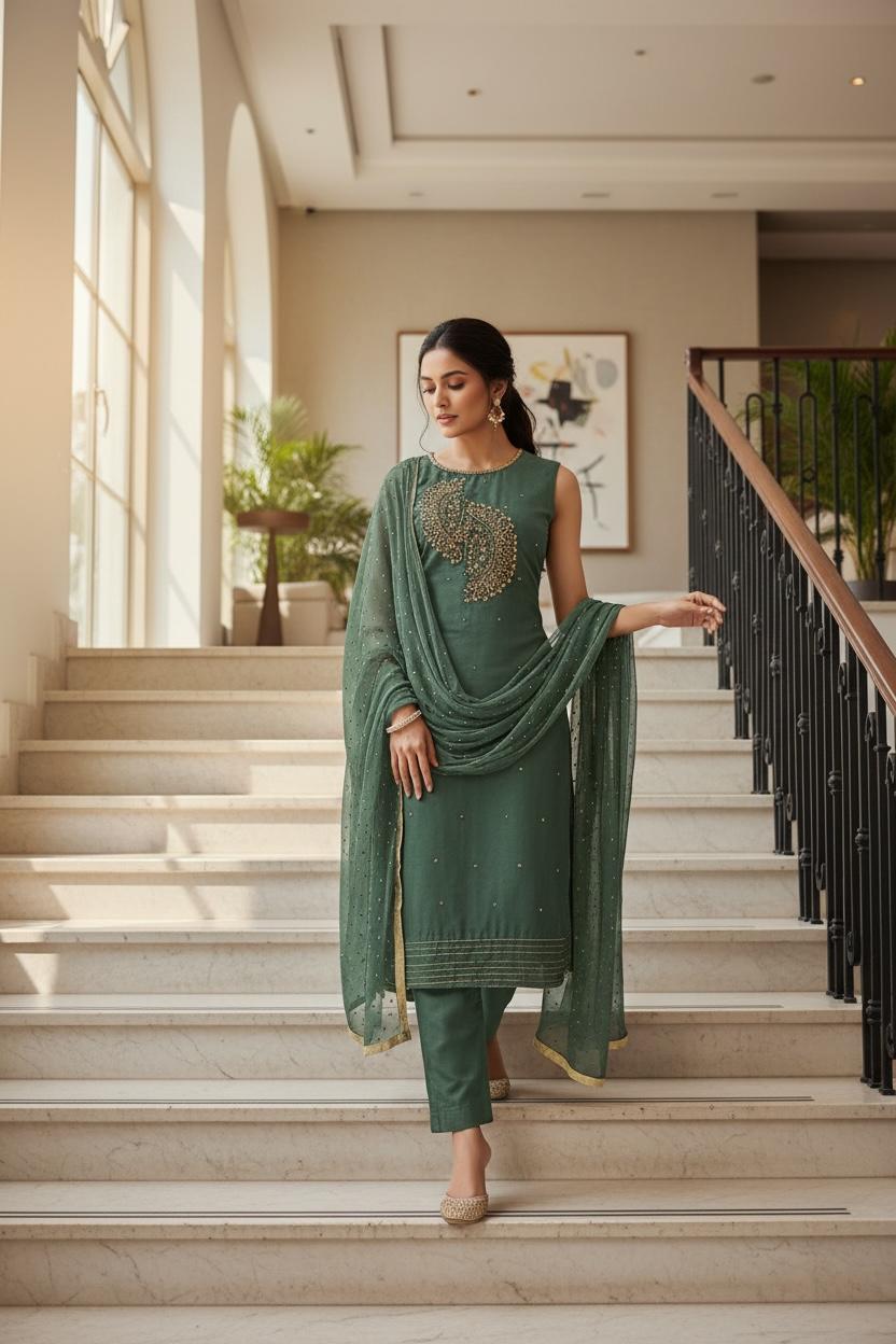 Embroidered Vichitra Silk Kurti Set with Dupatta – Timeless Festive Grace