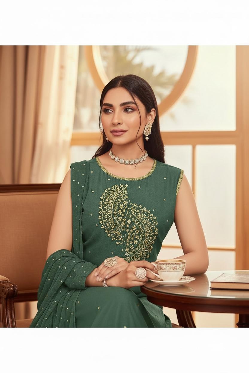 Embroidered Vichitra Silk Kurti Set with Dupatta – Timeless Festive Grace