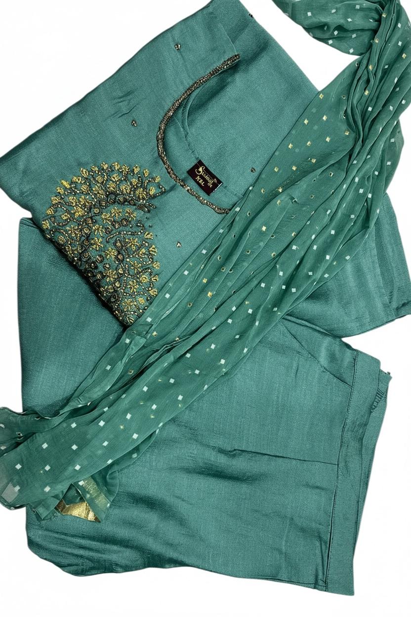 Embroidered Vichitra Silk Kurti Set with Dupatta – Timeless Festive Grace
