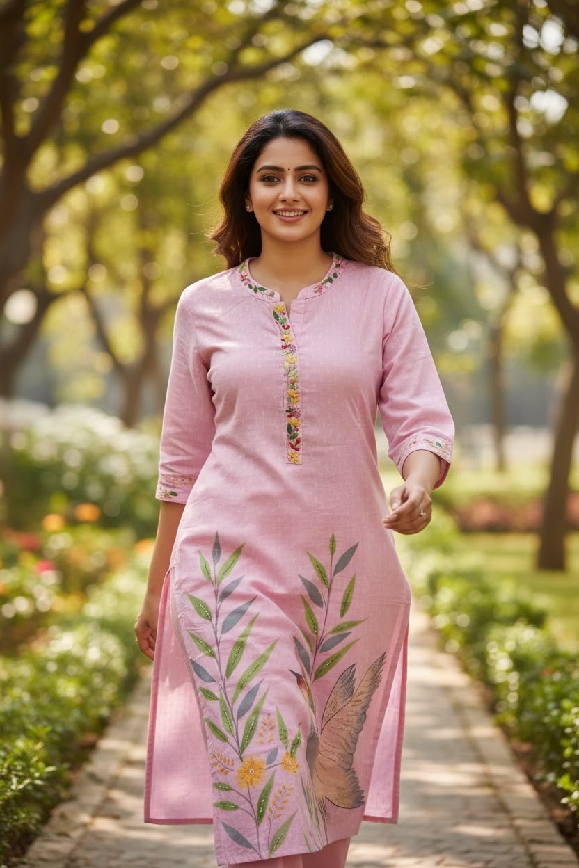 Blush Pink Pure Cotton Hand-Painted Salwar Set with Organza Dupatta