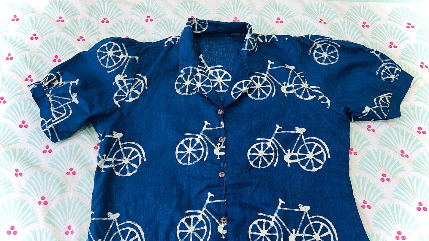 Indigo Blue Pure Cotton Bicycle Printed Maxi Dress
