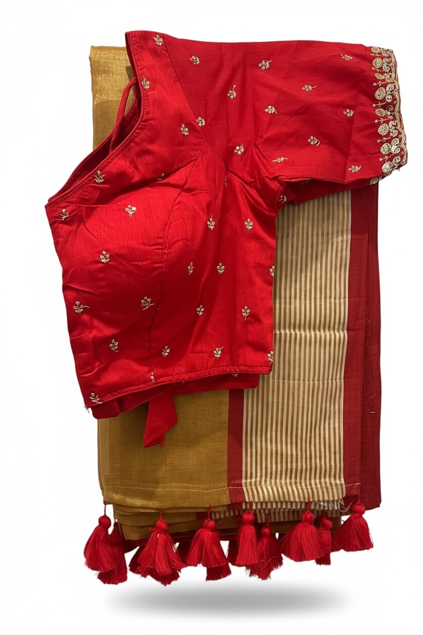 Golden Tissue Saree with Matching Designer Blouse