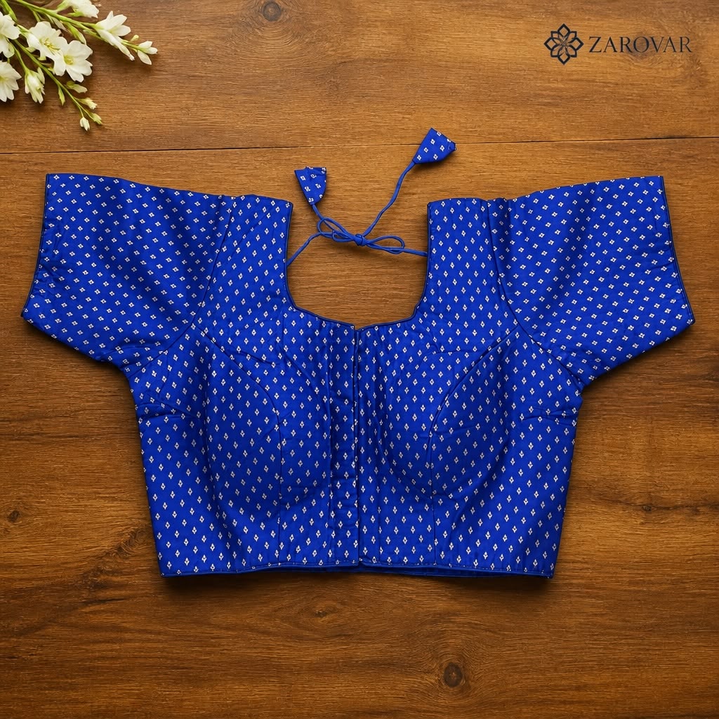 Ready-made brocade silk saree blouse features an elegant weave with a structured front-open pattern.