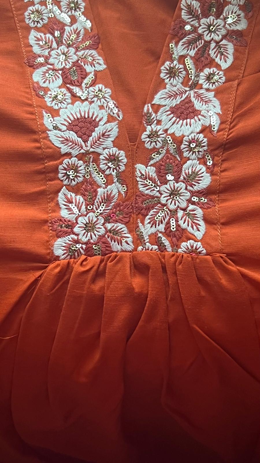 Burnt Orange Women Solid Embroidery Kurta and Pant Set with Dupatta