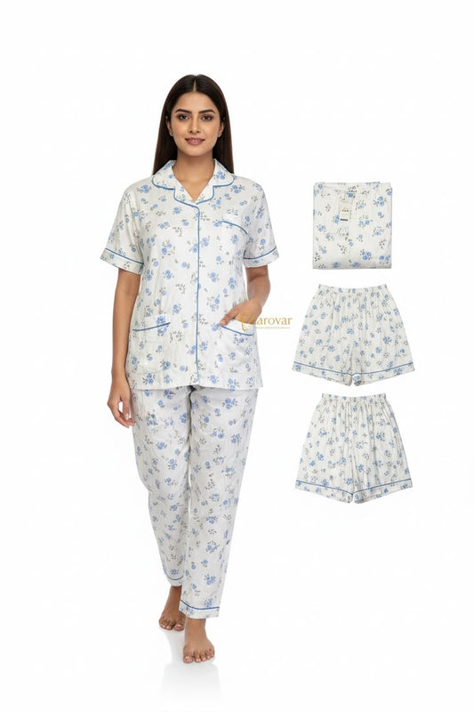 Pinterest-Style Blue Floral 3-Piece Pyjama Set 💙🌸