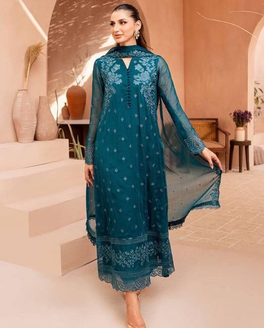 DESIGNER TRENDING V-NECK TOP WITH EMBROIDERY WORK PANT AND DUPATTA